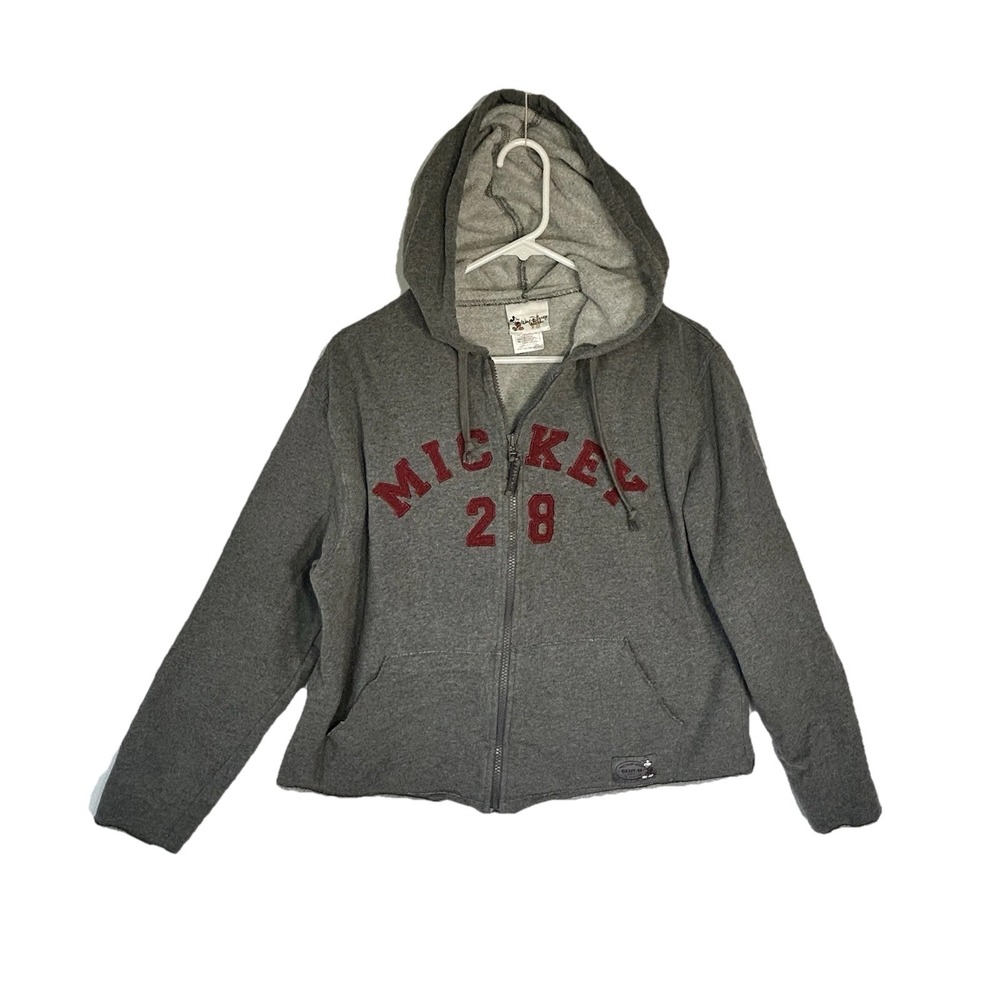 Vintage Disney Store Gray Zip-up Hoodie Red Mickey 28 Appliqué Size XL Raw Edge